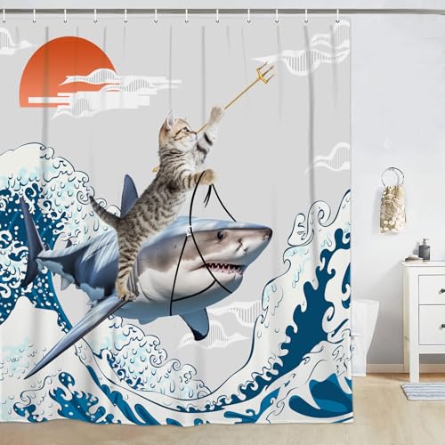 Image of Funny Cute Cat Shower Curtains,Japan Cat Shark with Ocean Sea Wave Shower Curtain for Bathroom,Japanese Cool Fabric Shower Curtain Set with Hooks Bath Decoration 72X72inches