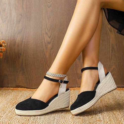 Womens Espadrilles Sandals, Closed Toe Platform for Women Adjustable Ankle Strap Casual Comfortable Wedge Sandals3