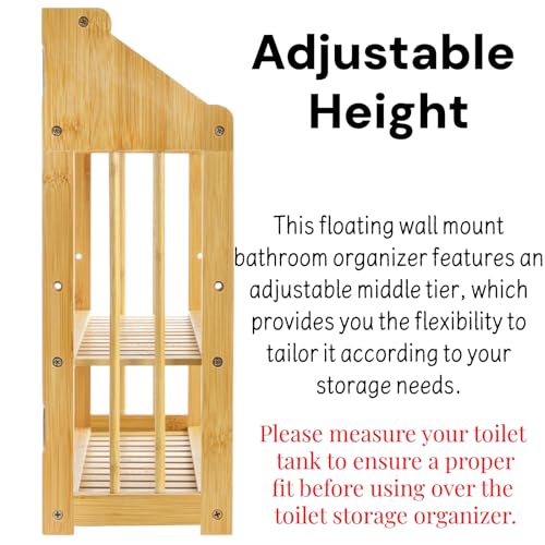 Image of Goaste Bamboo Over The Toilet Storage Shelf, 3-Tier Wall Mounted Bamboo Rack Organizer, Floating Rack with Hanging Rod, Free Standing Shower Shelf with Adjustable Layer for Kitchen, Bathroom, Home