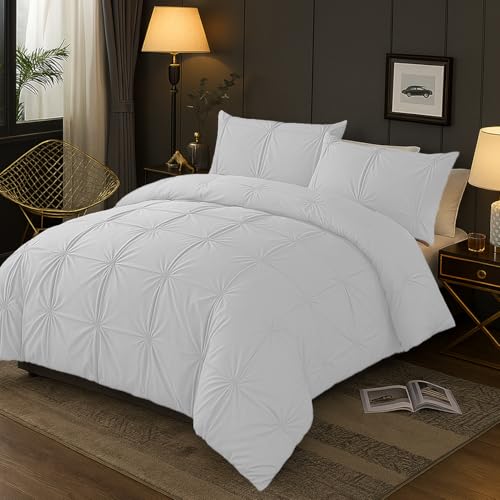 MH Home Luxury Pinch Pleat Square Design Duvet Cover Set with Pillowcases Soft Microfibre Bedding Set, Wrinkle Resistant & Easy Care (White, Double)
