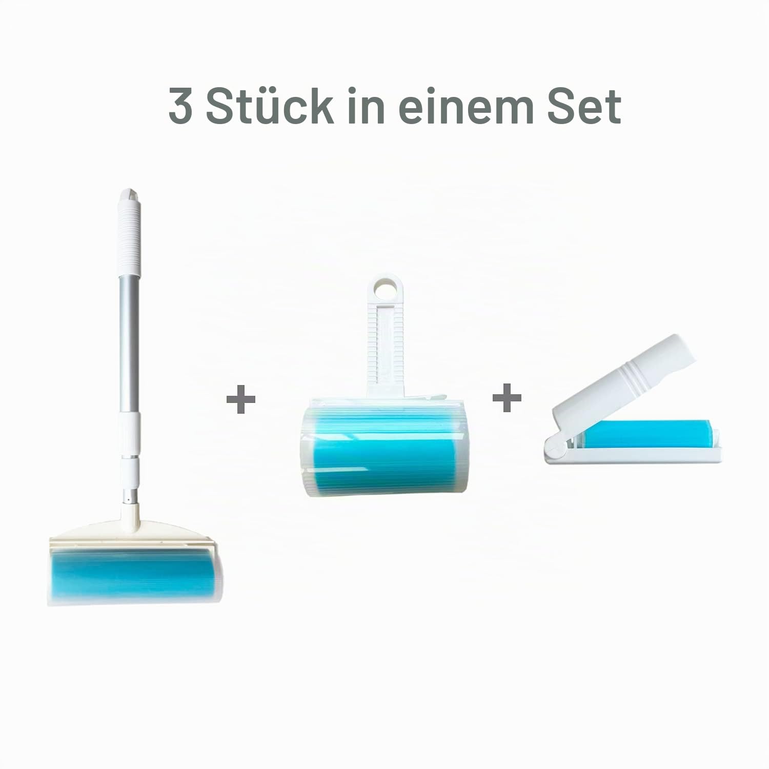 Tierhaarentferner mit langem Griff, wiederverwendbare Fusselrolle für Katzen und Hunde, wiederverwendbar (1 langer Griff, 1 breite Rolle plus 1 mittlere Rolle + 1 Reiserolle)