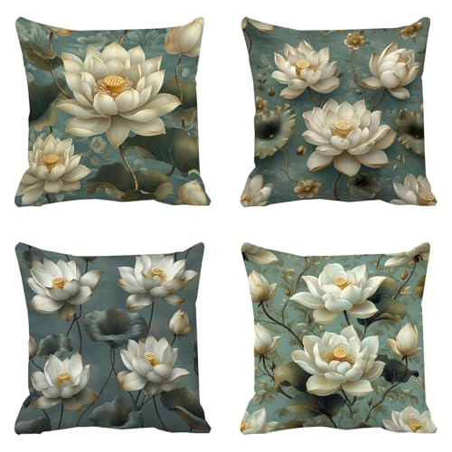 Fundas Cojines 60x60 Beige Funda Cojin Exterior Impermeable Funda Almohada Decorativas Juego de 4 Cojines para Sofa Cama Sillas Sala de Estar Patio Balcón Jardín Decoración para Hogar Loto D-9544