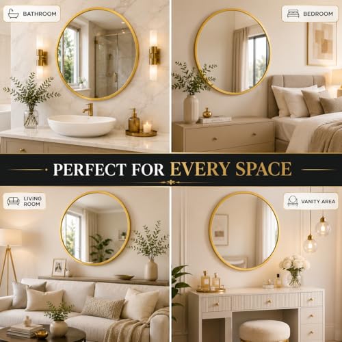 Image of The Arts Box 24 Inch Gold Round Mirror for Bathroom, Entryway & Vanity - Modern Wall Mounted Circle Mirror with Brushed Brass Metal Frame for Living Room, Bedroom, Wash Basin & Home Decor