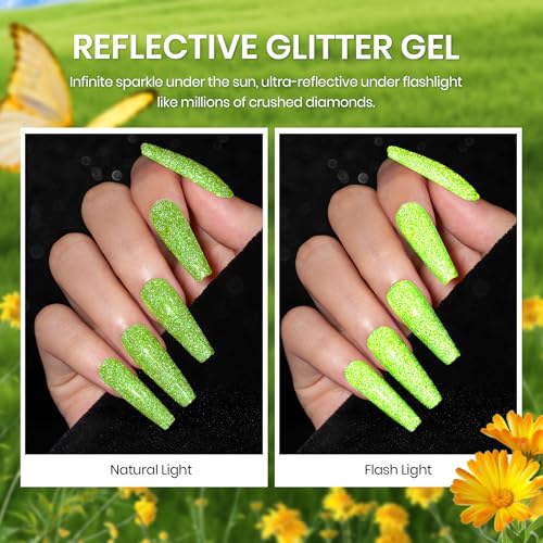 Image of Beetles Green Gel Nail Polish Set - 6 Colors Cat Eye Sparkle Glitter Gel Polish Starter Kit with Magnet, Summer Lime Yellow Flash UV LED Gel Nail Kit for DIY Home & Salon Use
