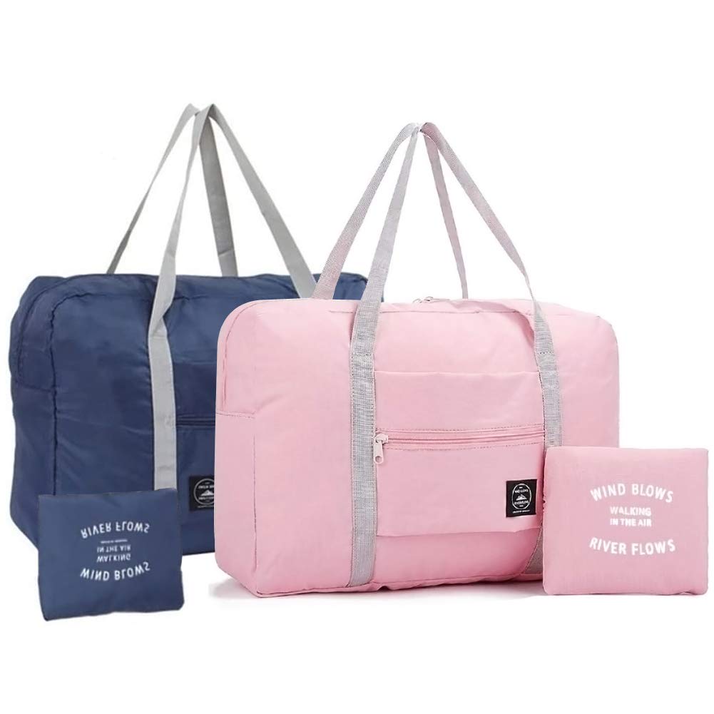 INVODAFoldable Travel Duffel Bag 2PCS Tote Carry on Luggage Bag Spirit Airlines Personal item Sports Gym Bag Water Resistant Weekender Overnight Bags for Women and Men (Pink+Blue)