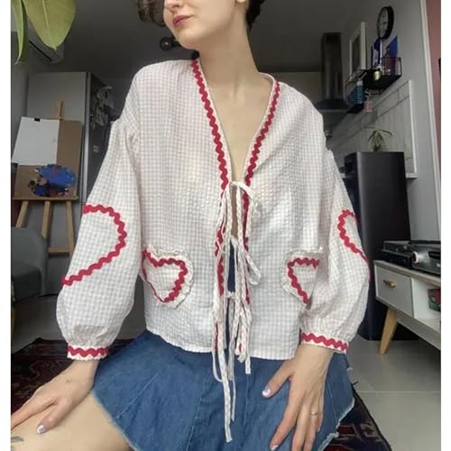 POHADON Cute Heart Tie Front Tops Puff Long Sleeve Blouse Bow Top Trendy Babydoll Shirts Y2K Aesthetic Summer Tops for Women2