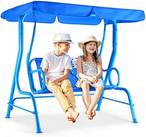 Costzon Patio Swing, All-Weather Porch Swing w/Safety Belt, 2 Seats Outdoor Lounge Chair Hammock w/Removable Canopy, Outdoor Swing Bench for Backyard Lawn Garden (Puppy Pattern, Blue)