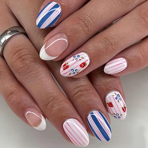 Image of 24Pcs Striped Press on Nails Strawberry Fake Nails Medium Oval False Nail with Blue Pink Design Reusable Glossy Full Cover Summer Stick on Nail for Women Manicure