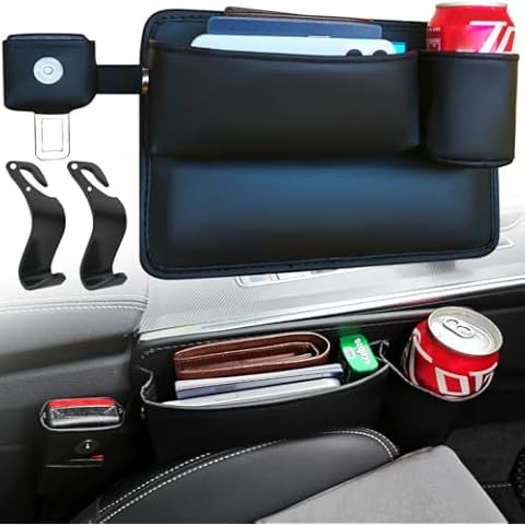 Upgrade Car Side Seat Gap Filler Organizer with Cup Holder & 2 Hooks - Stay In Place with Buckle Fixed - Leather Car Front Seat Gap Storage Box Between Seats for Phone,Key,Card,Essential for SUV Truck Cover
