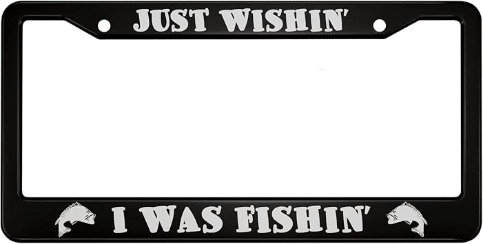 oFloral Just Wishin I was Fishin Aluminum Alloy License Plate Frame White Leaping Fish Applicable to US Standard Car Metal Car Tag Frame Funny Front License Plate Holder for Women Men1 Pack
