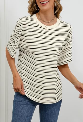 MEROKEETY Women's Summer Short Sleeve Shirt Casual Colourful Striped Crewneck Loose Tops Blouse3