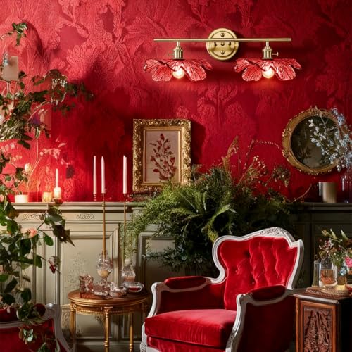 Image of 2-Light Red Floral Wall Sconce Mid Century Antique Gold Bathroom Vanity Light with Metal Base, Wall Lighting Fixture Over Mirror for Living Room Bedroom Hallway