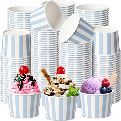 Image of Zopeal 100 Count Blue Striped Ice Cream Cups Disposable Dessert Bowls