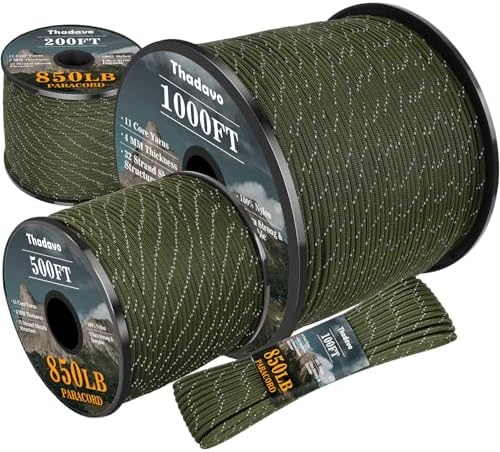 Reflective Paracord Rope 850Ib, 50/100/200/500/1000ft 4MM 11 Strand Parachute Cords, Tactical Paracord String for Camping, Fishing, Clothesline, Hammock, Tent, Bracelet, Army Green 100FT
