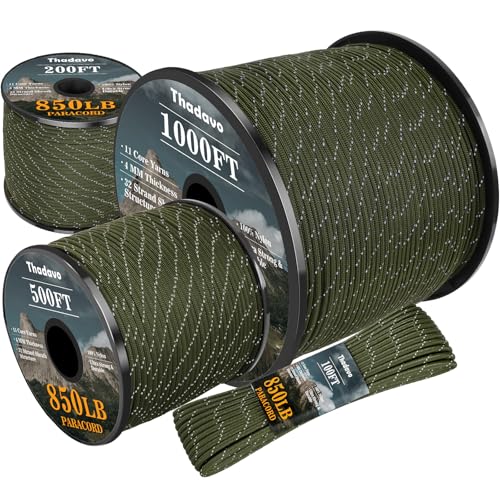 Thadavo Reflective Paracord Rope 850Ib, 50/100/200/500/1000ft 4MM 11 Strand Parachute Cords, Tactical Paracord String for Camping, Fishing, Clothesline, Hammock, Tent, Bracelet, Army Green 100FT