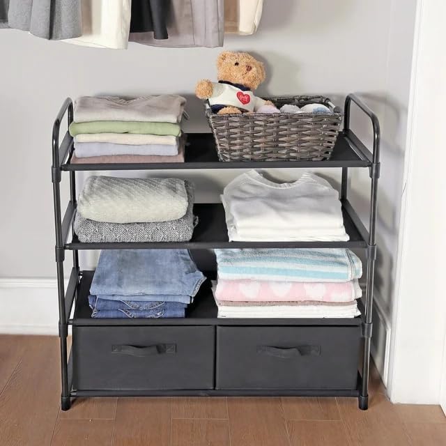 4-Shelf Closet Organizer with 2 Fabric Bins - Black Metal Frame Storage Unit for Bedroom or Entryway, Adjustable Shelves, Easy Assembly