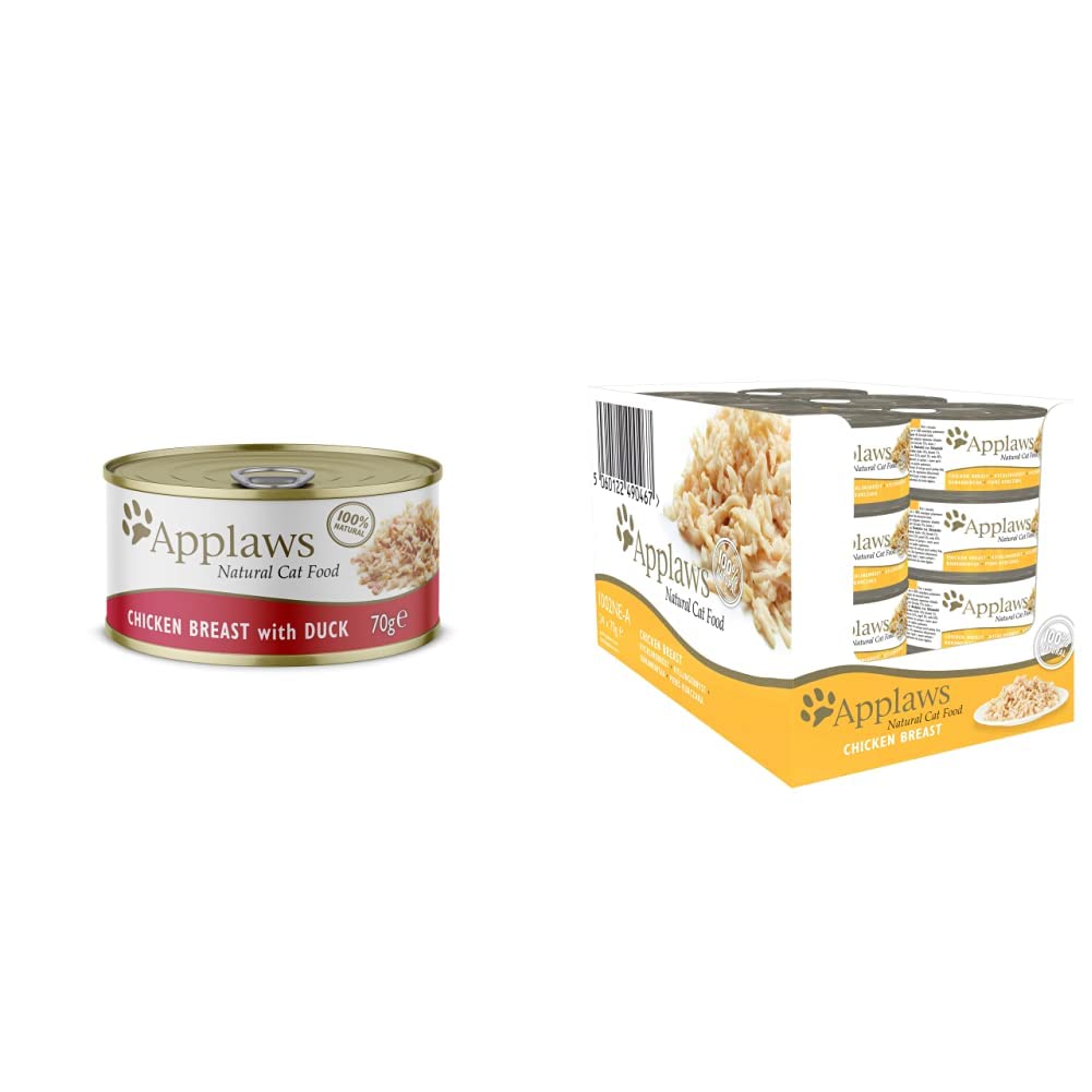 Applaws 100% Natural Wet Cat Food, Chicken with Duck Can, 70g (Pack of 24) & 100% Natural Wet Cat Food, Chicken Breast in Broth 70 g Tin​, 24 x 70 g Tins