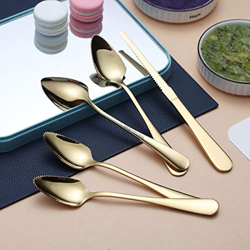 Homquen Gold Grapefruit Spoons 5 Pieces Set, 4 Stainless Steel Grapefruit Spoon And 1 Grapefruit Knife With Titanium Plating, Grapefruit Utensil Set, Serrated Edges Spoon Pack Of 5 (Gold) #TOP2