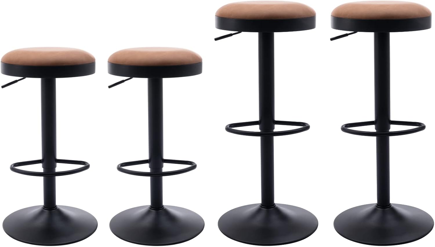 Shunzhi Round Swivel Counter Height Bar Stools Set of 4 Modern Adjustable Barstools Backless PU Leather Bar Chairs Industrial Island Chairs with Metal Base/Footrest for Kitchen Island/Pub/Bar, Brown