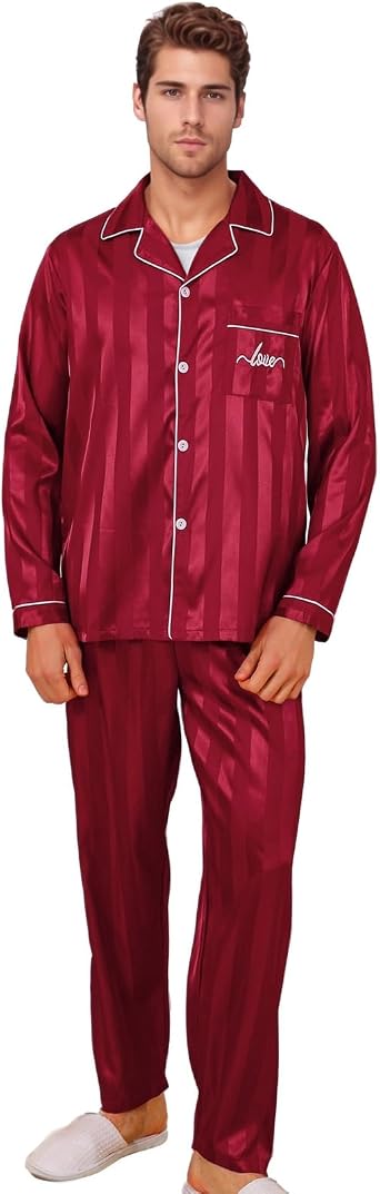 ShuiGod-Mens Silky Satin Pajamas Set Long Sleeve Top and Long pants Nightwear Button-Down Pj Sets Sleepwear