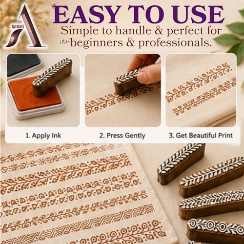 AnNafi® Mehendi Print Blocks| Border Pattern Wooden Stamps (Set of 10)| Fabric Wooden Stamps Border Pattern Printing Blocks| Designer Craft for Mehandi Textile Pottery Saree Border Canvas Painting | - Image 5