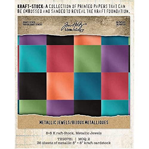 Tim Holtz Idea-Ology Paper Kraft Stock Cardstock Metallic Jewels 36 Sheets Assorted Colors 8 X 8 Inches, 1-Pack With 36 Sheets Per Pack, Bundled With Artsiga Crafts Storage Bag #TOP1