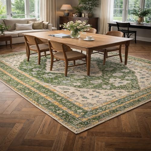 KTYUTJDH Area Rug,Traditional Vintage Green, Beige, Oriental Floral Patterns,Green,Square 200 x 200 cm, Large Rugs Washable Anti-Slip Carpet Living Dining Room Bedroom Studio