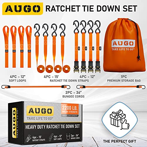 Augo Ratchet Tie Down Straps –4 Pk– 15 Ft – 2,200 Lb Break Strength – Safety Lock S Hooks –For Moving Cargo, Appliances, Lawn Equipment, Motorcycle – Includes 2 Bungee Cords, 4 Soft Loops, Storage Bag #TOP3