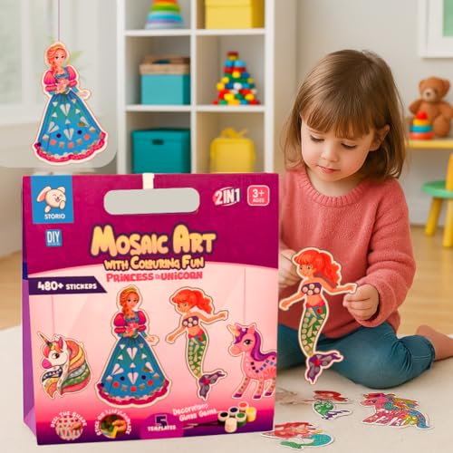 Image of Storio Mosaic Art & Craft Kit for Kids with Colouring Fun | Mirror Mosaic DIY Set with Unicorn & Princess Theme | Creative Craft Activity for Girls Age 4-8 | Mess-Free, Fun & Educational Gift
