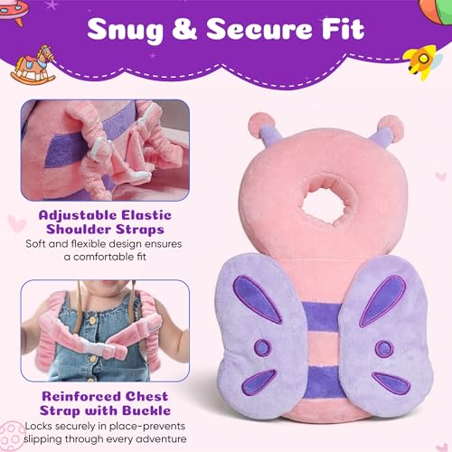 Image of HippoBaby Baby Head Protector Backpack, Soft & Breathable Cushion for Toddlers, Adjustable Straps, Cartoon Safety Pillow for Crawling & Walking, Infant Protection for Head & Back (Butterfly)