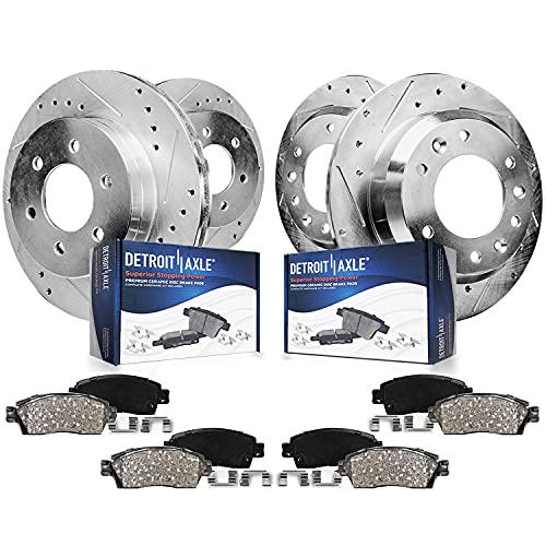 Image of Detroit Axle - Brake Kit for 2006 Chevy Uplander Buick Terraza Pontiac Montana Saturn Relay Drilled Slotted Brake Rotors Ceramic Brakes Pads Replacement : 11.69 inch inch Front and 11.81 inch inch Rear Rotor