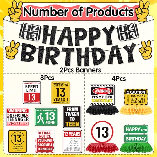 Image of 13th Birthday Decorations for Boys, 14PCS 13 Year Old Happy Bday Banners with Hanging Swirls Decoration Official Teenager Honeycomb Centerpiece Party Decor From Tween to Teen Supplies