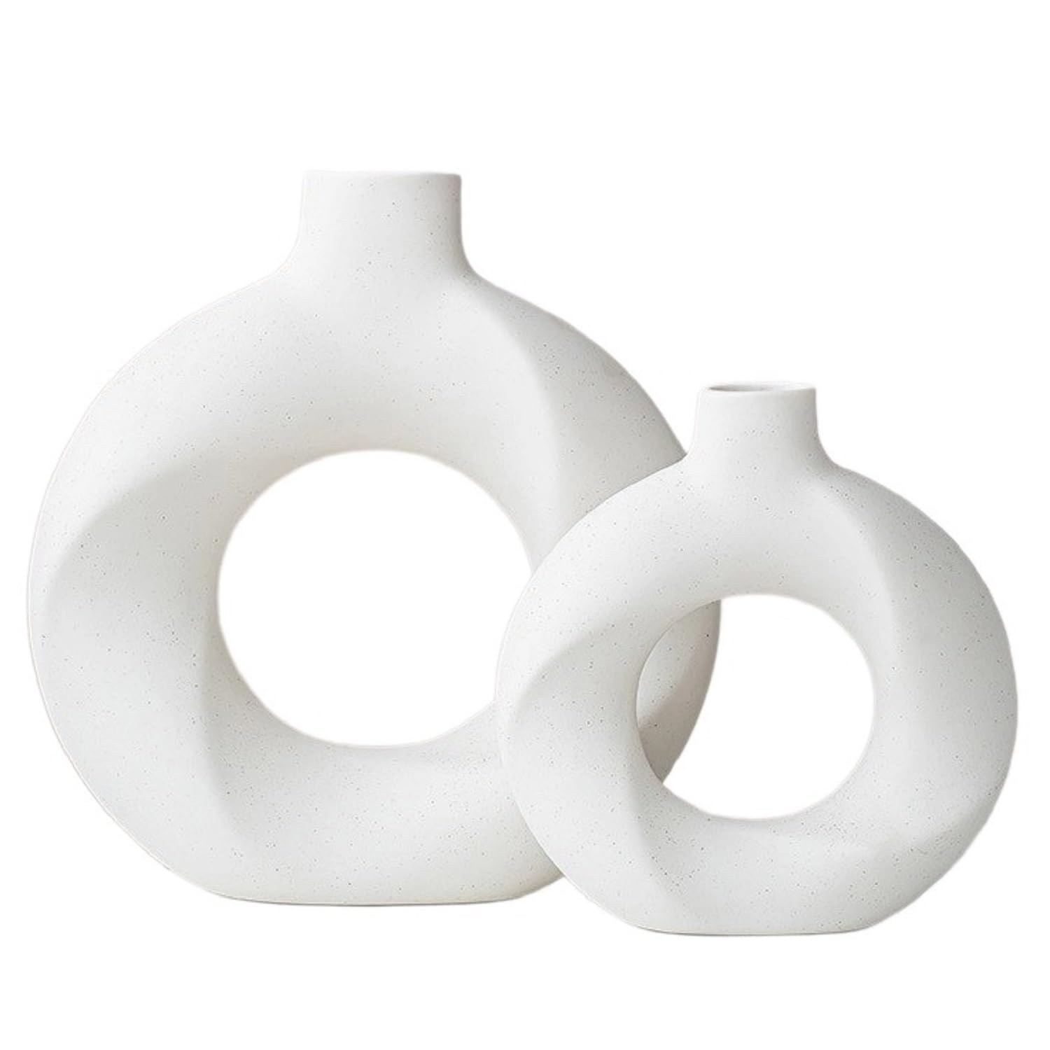 Vaso in Ceramica Bianca Moderna Set da 2 Pezzi, portafiori Minimalista | Forma di anello minimalista, ceramica fatta a mano, finitura opaca bianca