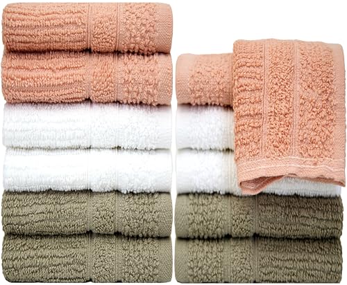 Image of PH Pleasant Home Ribbed Wash Cloths Set - 12 Pack (12 inch x 12 inch) - 509 GSM - 100% Ring Spun Cotton Wash Cloth - Super Soft and Highly Absorbent Face Towels (Blush,White & Tan)