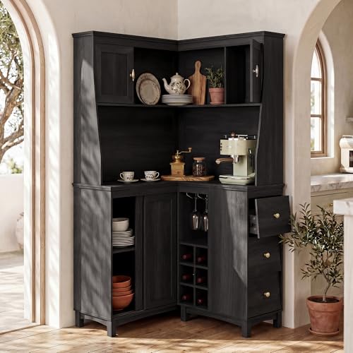 STO’Sense 71' Tall Corner Cabinet w/Charging Station,L-Shaped Kitchen Pantry Storage Cabinet w/3 Drawers,Countertop,Wine Rack,Shelves,Glass Holder&Sliding Door, Large Microwave Stand Hutch, Black Oak