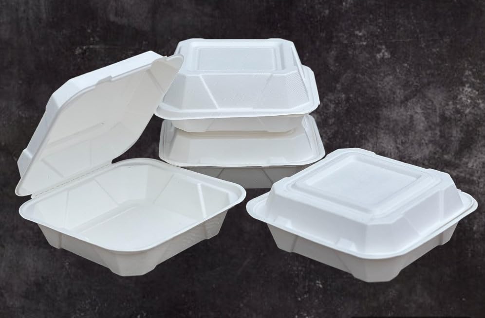 HOT BARGAINS Bagasse Meal Box 9 inch Square Container, Pack of 50, White