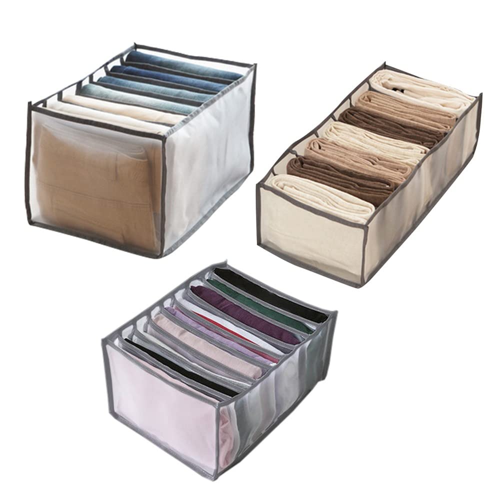IVYSHION Drawer Organizer Storage Box with Compartments for Jeans Closet Mesh Drawer for T-shirts Jeans Shirts Leggings Closet Organization System(3 Pcs-7 grids + Large 7 grids + 9 grids,Grey)