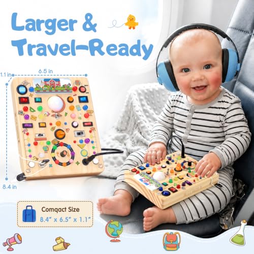 Image of Busy Board with 19 LED Light Switches, Montessori Toys for 1 2 3 Years Old, Wooden Sensory Board, Toddlers Activity Travel Toys for 1 2 3 Year Old Boy & Girl Birthday Gift (Big School)