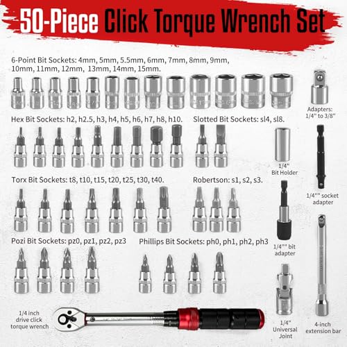 Image of WETT 50Piece Click Torque Wrench Set, 1 /4 Inch Drive Bike Torque Wrench, 2.3-27.1NM (20-240IN.LB), ±3% Precision, Bicycle Maintenance Tool Kit with Bit Sockets, Adapter, Universal Joint, Extension Bar