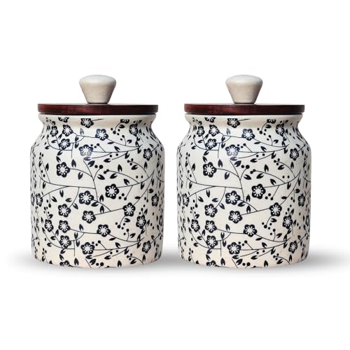Image of Vistas 'Heritage Black' Airtight 420ml Set of 2 Ceramic Jar for Kitchen Storage | Handcrafted Ceramic Barni with Wooden Lid | Multipurpose Pickle, Spice & Salt Container