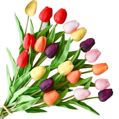 Image of ONLY ART Artificial Multicolor Tulips 20 Pcs - 13.5 Inch PU Faux Flowers with Bendable Stems for Home Decor, Wedding Centerpieces, DIY Floral Arrangements, New Year and Valentine's Day