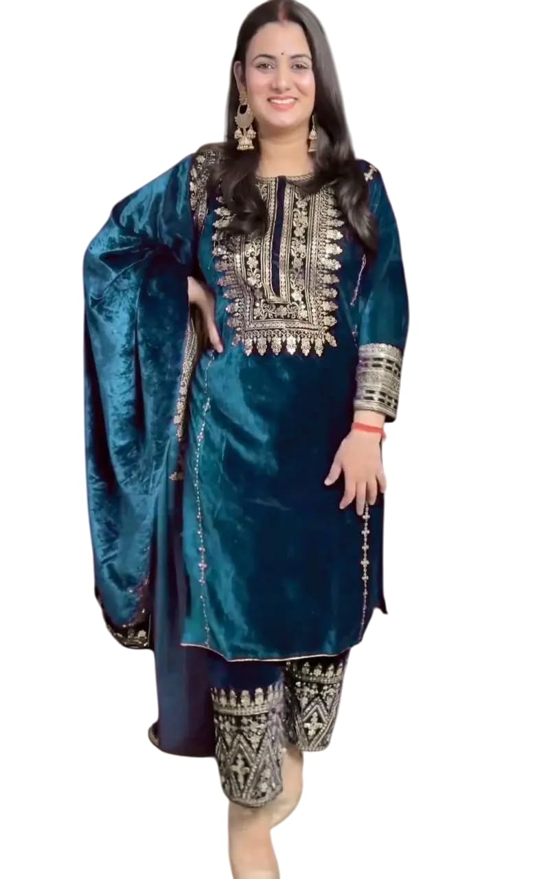 Women's Viscose Velvet Embroidery and Sequence Work Straight Kurti with Pant & Dupatta Set (Teal Blue-XL)-image-24