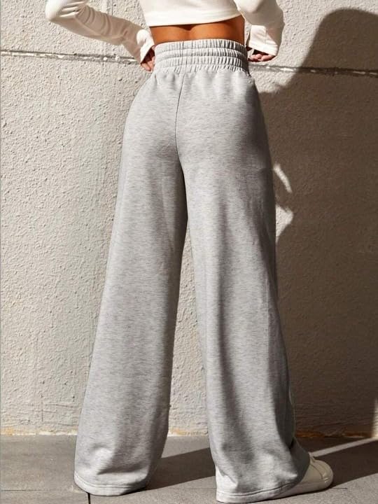 Image of Women's Wide Leg Casual Pants, High Waist Cotton Blend, Drawstring, Light Colour, Relaxed Fit