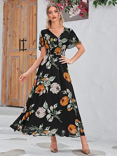 Image of Simplee Women's Boho Floral Maxi Dress Flowy Casual V Neck Short Sleeve Wedding Guest Holiday Beach Long Dress