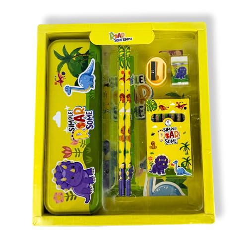 Kit Escolar Infantil 7 em 1, Conjunto com Estojo, Lápis, Régua, Apontador e Borracha, Temas Espacial, Dinossauro e Fundo do Mar, Material Escolar Completo (Amarelo)