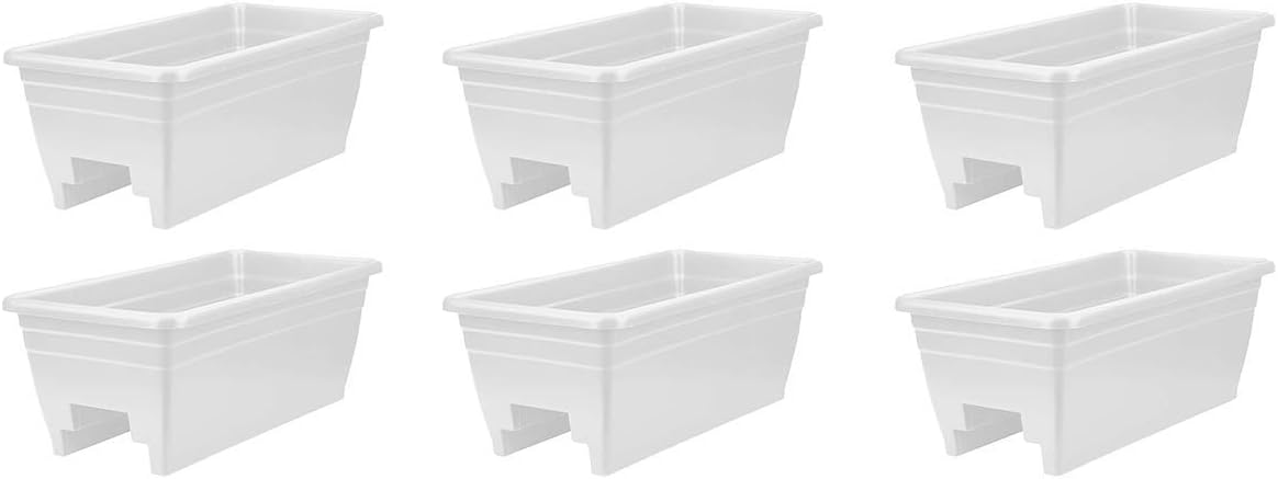 The HC Companies 24 Inch Wide Heavy Duty Plastic Deck Rail Mounted Garden Flower Planter Boxes with Removable Drainage Plugs, White (6 Pack)