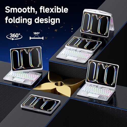 Image of Clear Wireless Keyboard Case for iPad Pro 11 Inch (M5 /M4) 2025 /2024 with Pencil Holder & Multi-Touch Trackpad, Visible PCB, 3-Brightness & 7-Color Backlight, 360 Rotating Stand,White