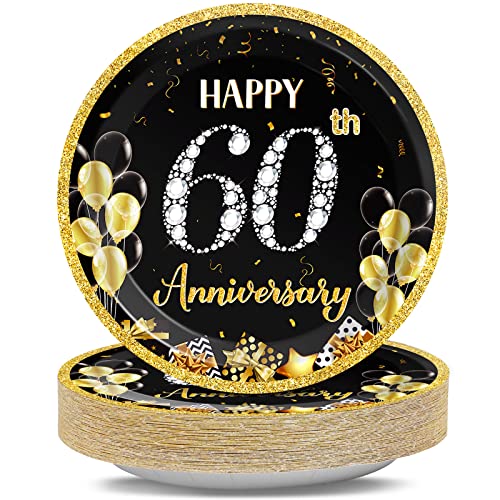 Image of Qyeahkj 48pcs 60th Anniversary Party Plates 60th Wedding Anniversary Disposable Paper Dessert Plates Supplies for Black and Gold Dessert Plates Tableware Decorations