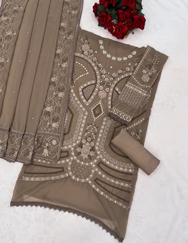 Image of RUDRAPRAYAG Women's Georgette Fabric Wih Embroidered Sequence Work And On Neck Moti Hand Work Semi Stitched Sharara Salwar Suit With Dupatta Set