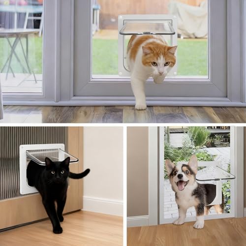 Katzentür, Sicherheits-Haustier-Tür mit 4-Wege-Schloss, katzenklappe innentür, Katzenklappe Außentür, für Innen Außentür, Fenster, Wand, für Katzen und kleine Hunde, weiß, 20×19cm(S)